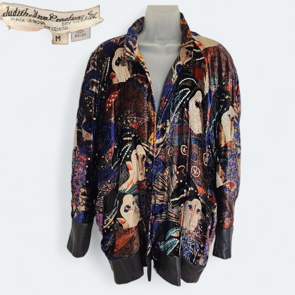 VTG Judith Ann Creations Art to Wear Geisha Velvet Leather Jacket Beaded Sequin